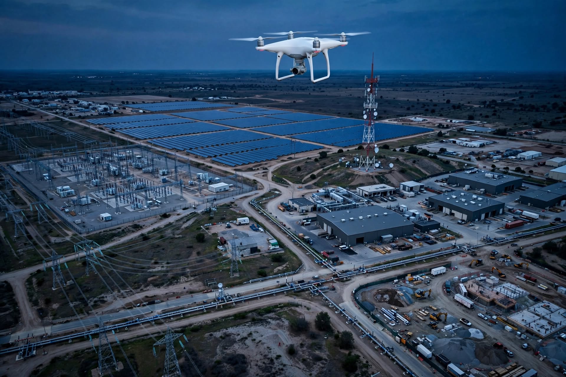 Drone surveying a solar farm, substation and industrial site for asset data